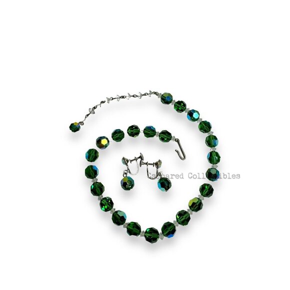 Green Aurora Borealis Crystal Screwback Earring Necklace 12"-15" Hook Clasp Set - Picture 4 of 6